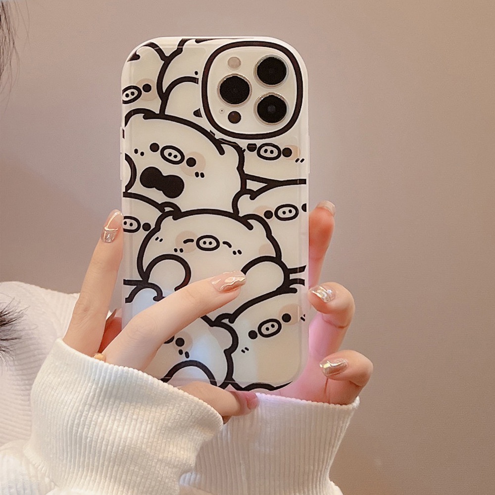 IPHONE Hitam Kartun Sketsa Babi Dengan Busur 3D Lucu Lembut Phone Case Cover Untuk Iphone7 8 PLUS X XR XS 11 12 13 14 MINI PRO MAX Se2020