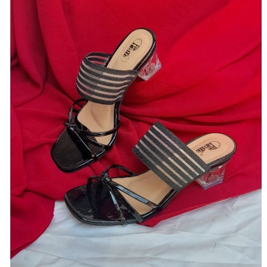 SW99 Sandal Heels Kaca Tali karet / Sandal Hak Kaca Wanita 5cm Karet Belakang AM-20