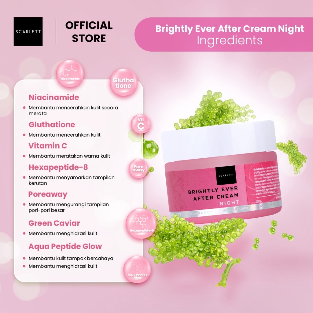 SCARLETT Whitening Brightly Series Indonesia / Brightening Ever After Skincare Mencerahkan Face Care / Cleanser Facial Wash Essence Toner Serum Day Night Eye Cream Moisturizer Sunscreen Mask / Body Shower Scrub Lotion Hair / Paket Acne Age Delay Set Wajah