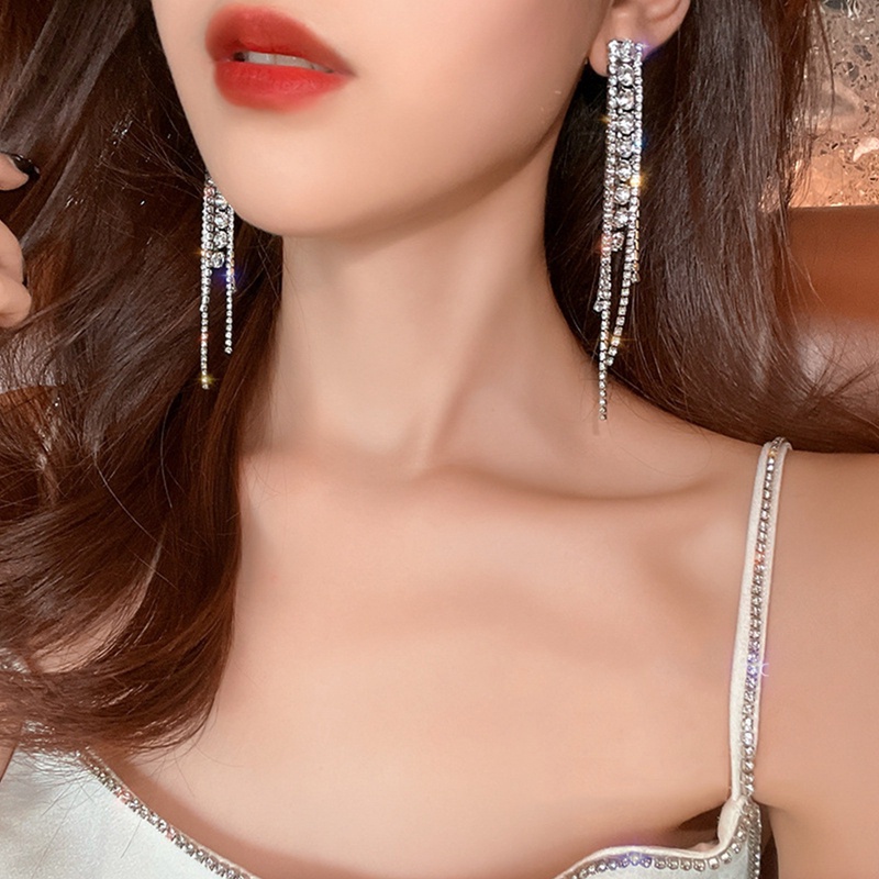 Anting Rumbai Panjang Hias Kristal Berlian Imitasi Gaya Korea Klasik Untuk Wanita