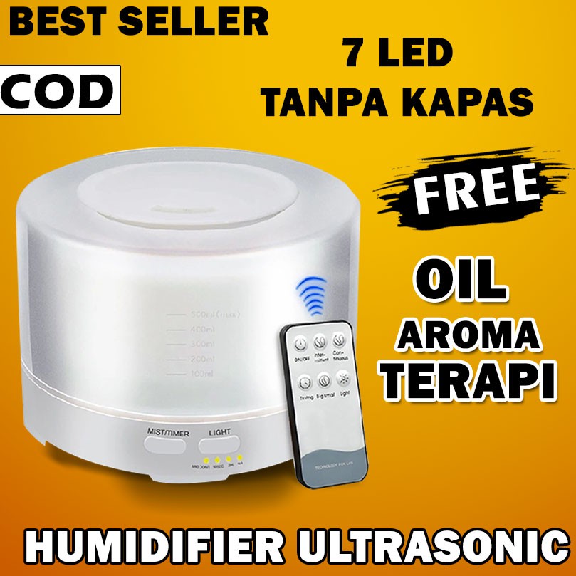 Air Humidifier Diffuser Aromaterapi Oil 500ml Remote Disfuser Taffware Aromatherapy Ultrasonic 7 LED Pengharum Ruangan-500ml free  6 botol