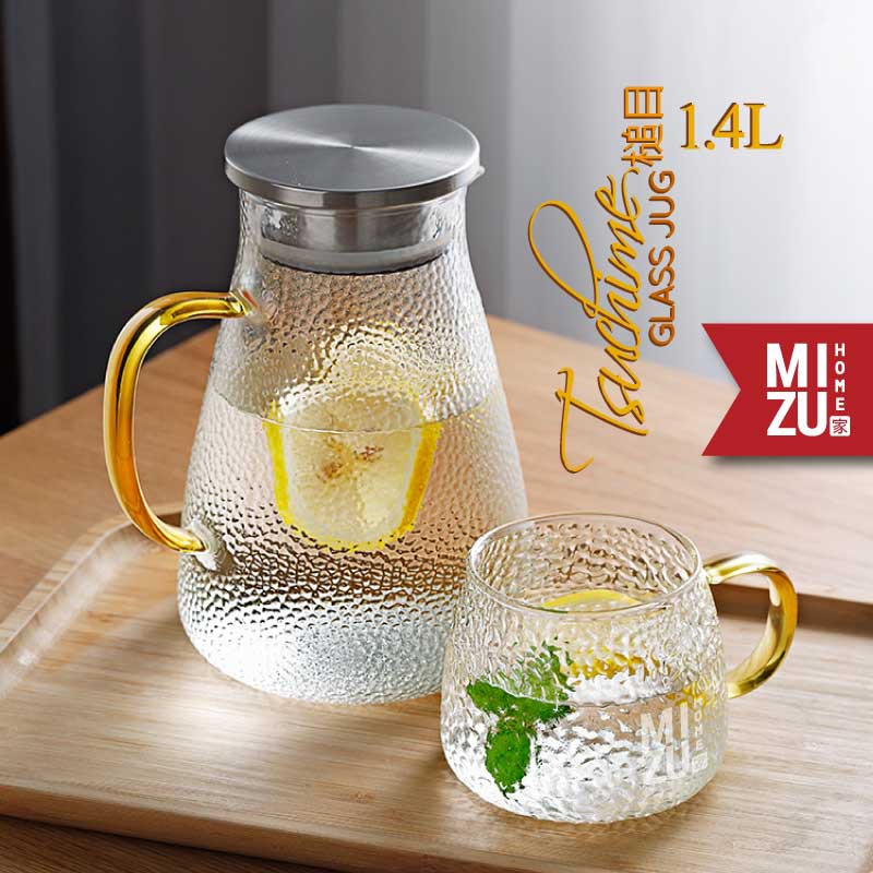 MIZU TSUCHIME 1.4L Glass Jug Hammered Finish Teko Kaca Borosilikat Jepang Teko Air Teh Infused Water-1