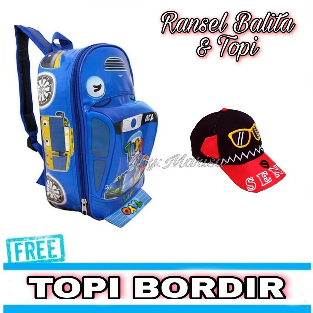 Tas Ransel Mobil Superhero Anak Laki Laki Paud TK SD Free Topi