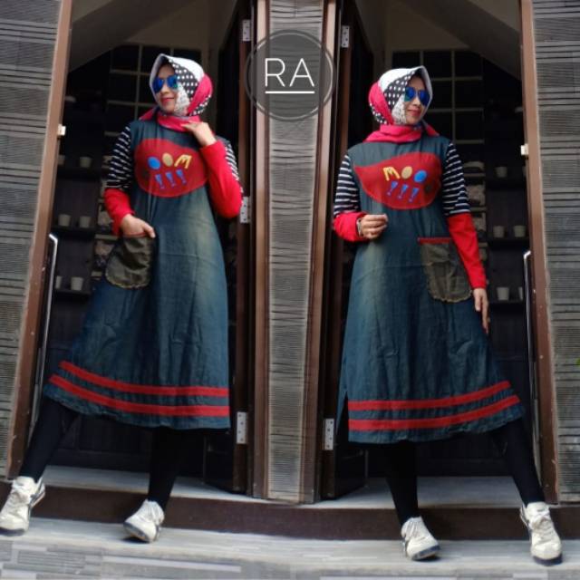 tunik jeans import mix bordir mewah tngan salur kaos combed import premium to xl.