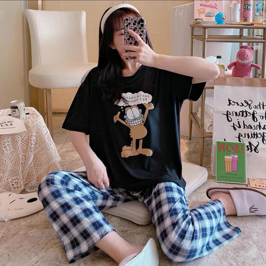 Baju Tidur Piyama Set/Piyama Wanita Import/Baju Piyama Motif Kartun/Woman Sleep Wear-P1-Hitam Garfield