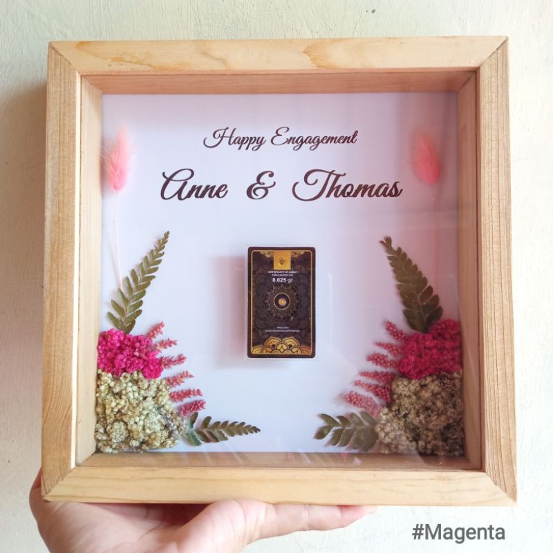 Mahar Dry flower figura bingkai mini gold emas antam | kado nikah tunangan custom-Magenta