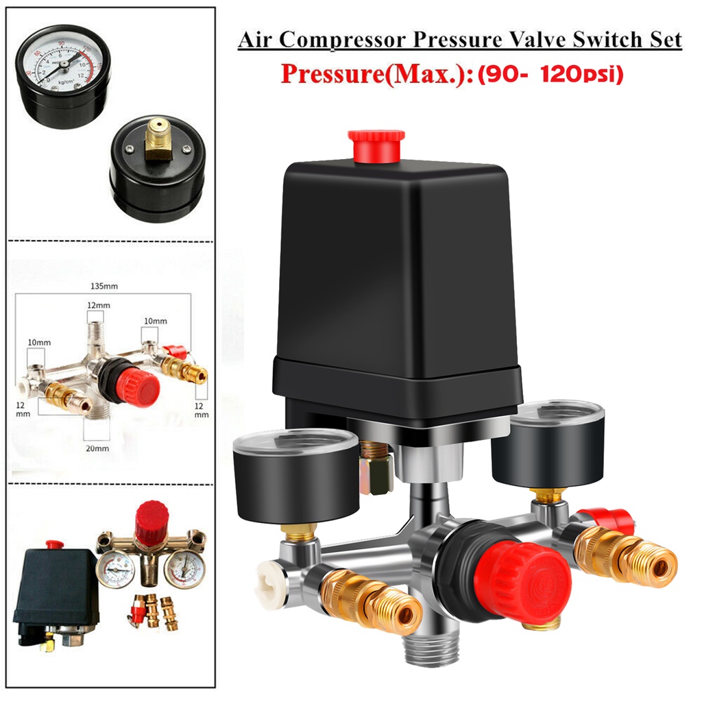 Kompresor Udara Pressure Valve Switch Manifold Relief Regulator Pengukur 90-125PSI 220V Aluminium alloy bracket