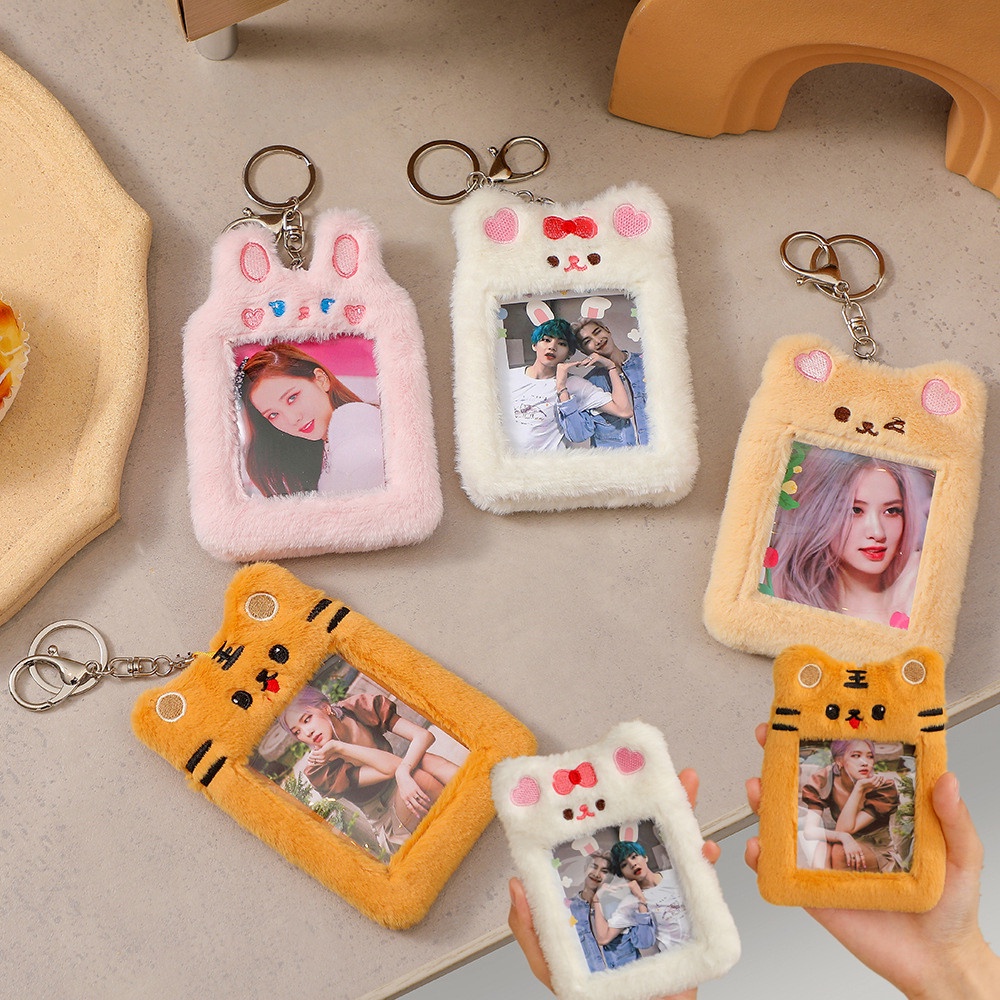 In Plush Kelinci Pas Foto  Pemegang Kartu dengan Gantungan Kunci Beruang Lucu ID Kredit Tas Kartu Bank Idol Foto Pelindung Case Alat Tulis