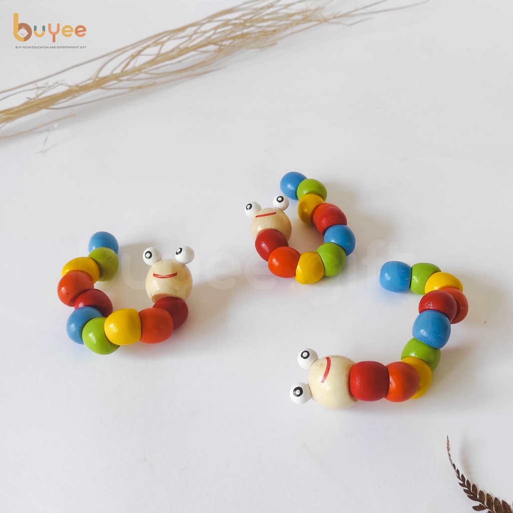 Mainan Ulat Kayu Buyee Gift | Wooden Caterpillar Toy Colorful Twisting