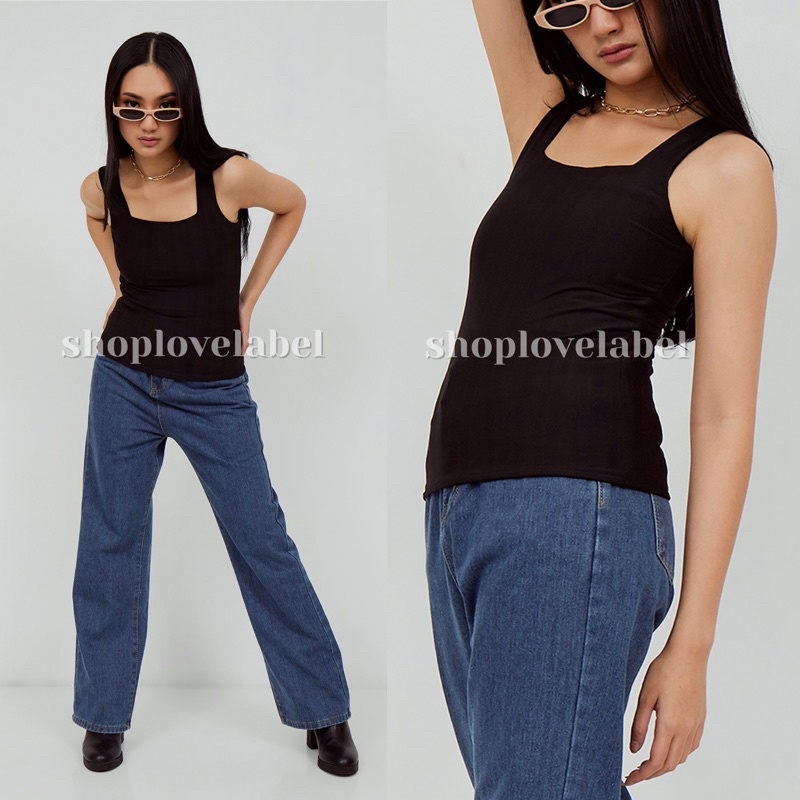 Cessa Tanktop Square Kotak Wanita Jersey Tebal Atasan Kamisol-Hitam XL