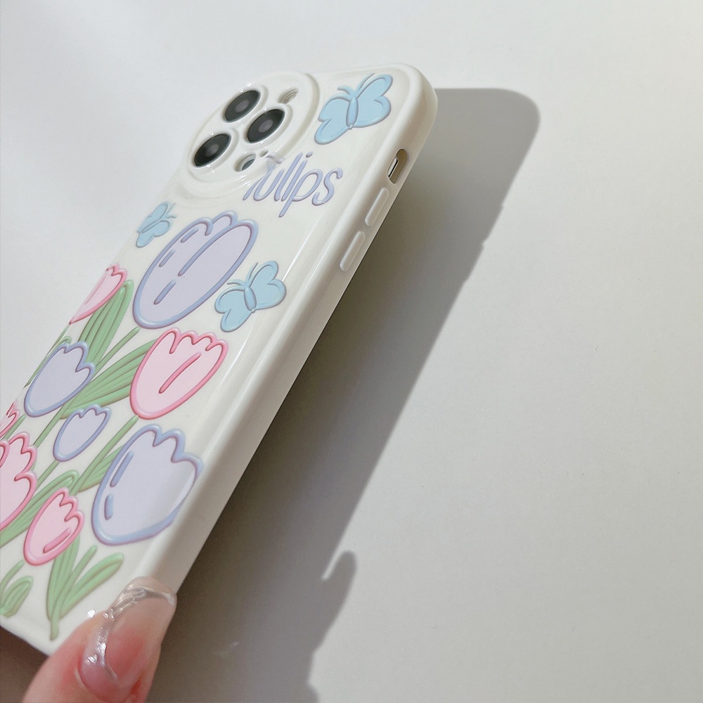 Soft Case Pelindung Lensa Kamera Desain Tulip Garden Dengan Butterfly Round Untuk Iphone 7 8 PLUS X XR XS 11 12 13 14 PRO MAX SE 2020