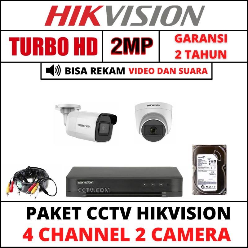 PAKET CCTV HIKVISION 4 CHANNEL 2 KAMERA BEBAS PILIH 2MP TURBOHD/AUDIO 1080P KOMPLIT TINGGAL PASANG