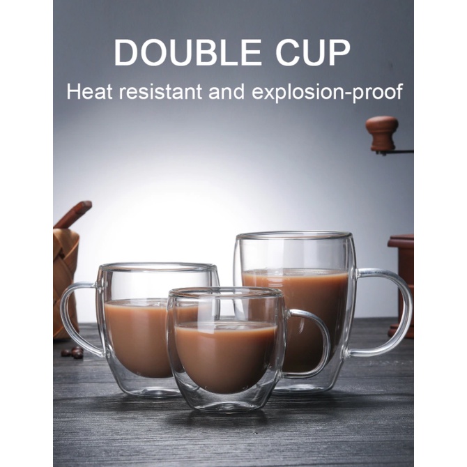 gelas cangkir kopi teh anti panas dingin dengan handle kaca ganda mug cup coffee jus kaca double wal