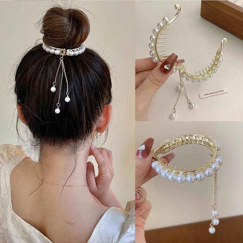 Jepit Rambut Ponytail Bahan Alloy Aksen Mutiara Berlian Imitasi Gaya Korea Untuk Wanita