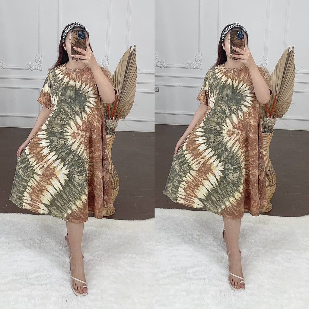 [GROSIR] Daster Kaos Payung Busui Tiedye XXL Jumbo Klok A Busui Resleting-Topan Coklat Ziper