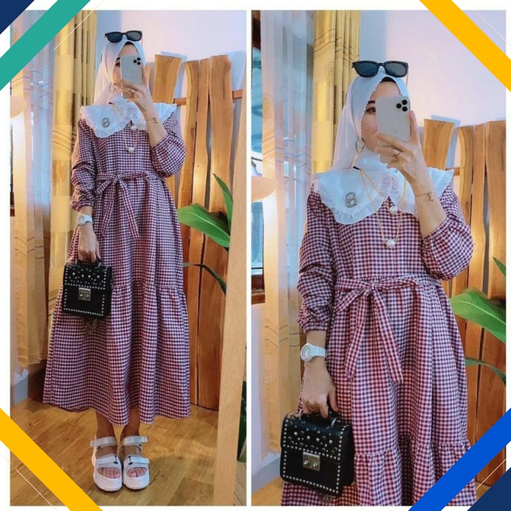 Midi None Dres Kotak Maroon Kekinian Gamis 0152 Premium UKX Baju Gamis Wanita Terbaru