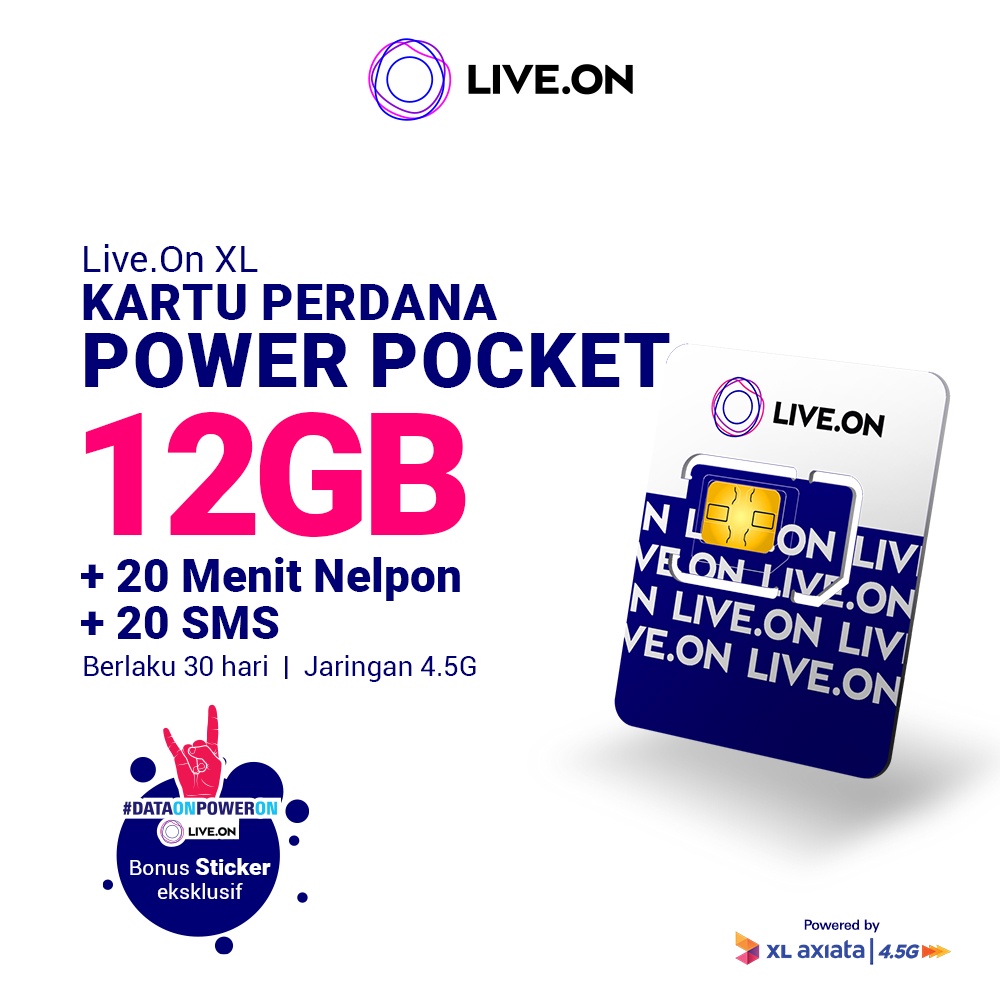 Live.On Kartu Perdana Power Pocket 12GB (30 hari) 4.5G + 20 Menit Nelpon + 20 SMS + Sticker B