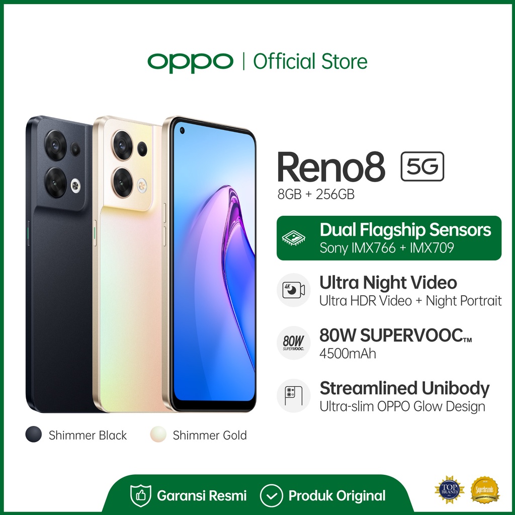 [NEW!] OPPO Reno8 5G 8GB/256GB [Dual Flagship Sensors with Sony IMX766 + IMX709, 4500mAh 80W SUPERVOOC Charging, Ultra Night Video]