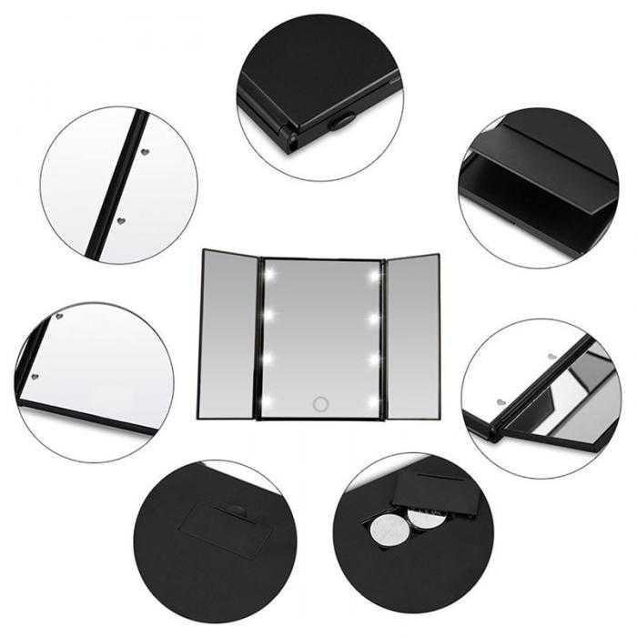 Cermin Makeup Portable Foldable Mirror + LED Light - MR02480 - Black