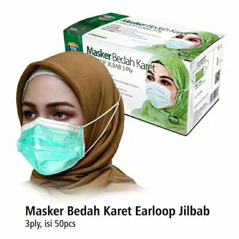 Masker Bedah Karet Jilbab Hijau Earloop 3ply Onemed isi 50pcs / Masker Medis / Non Medis Onemed 3 pl