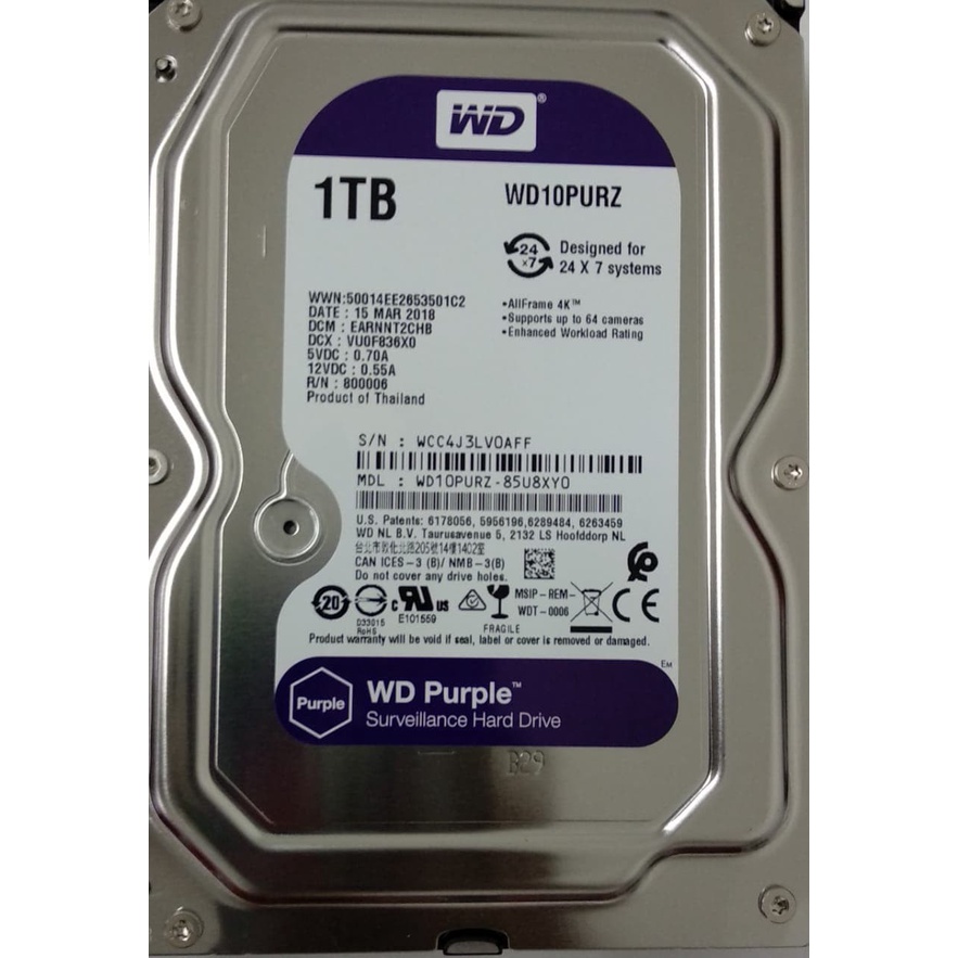 Hard Disk HDD WDC 1TB Purple Sata Khusus CCTV |