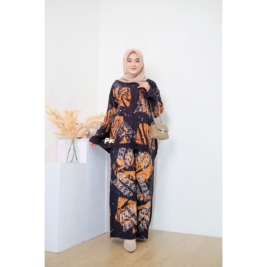 ONE SET WAKA ABSTRAK CAP HANDMADE SIZE JUMBO LD 130 SETELAN KEKINIAN BAJU SETELAN WANITA TERBARU BIGSIZE