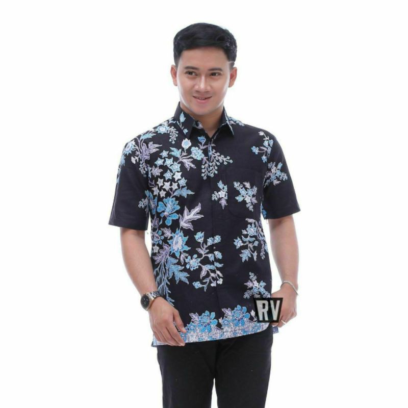 PROMO BATIK COUPLE KELUARGA SARIMBIT sania ruffle batik ori ndoro jowi motif CIBULAN BIRU-KEMEJA PENDEK