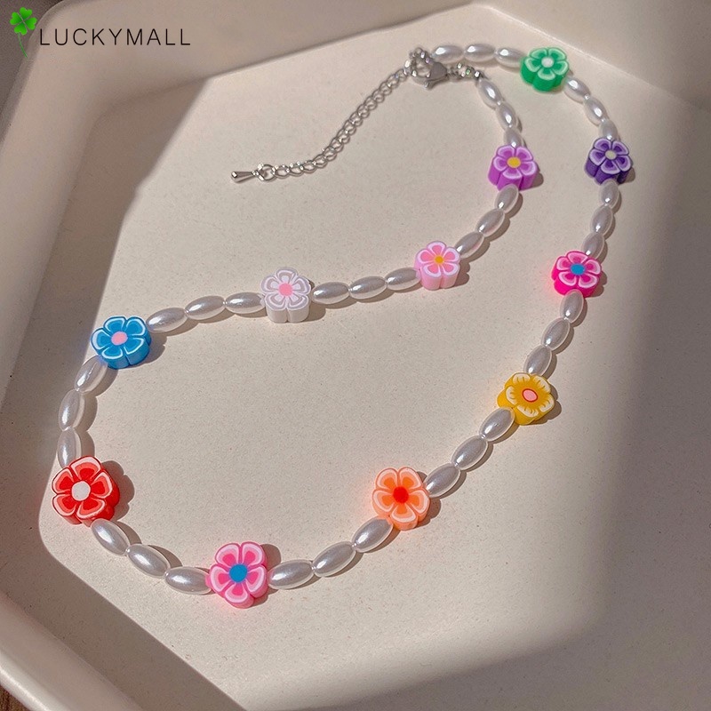 Kalung Choker Manik-Manik Mutiara Warna-Warni Bentuk Bunga Dan Bintang