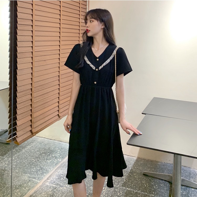 Musim panas wanita gaya baru v-neck lengan pendek penutup pinggang dress midi hitam perut