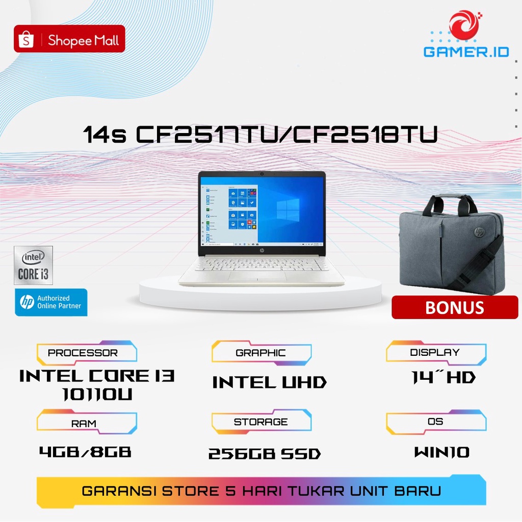 HP 14s CF2517TU/CF2518TU - Intel Core i3 10110U 4GB/8GB 256GB SSD Win10+OHS 14