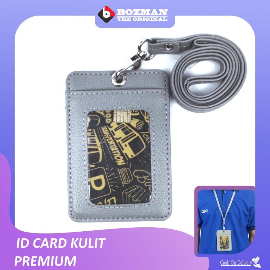 ID Card Holder NameTag Kulit PU Leather Lanyard Kualitas Premium