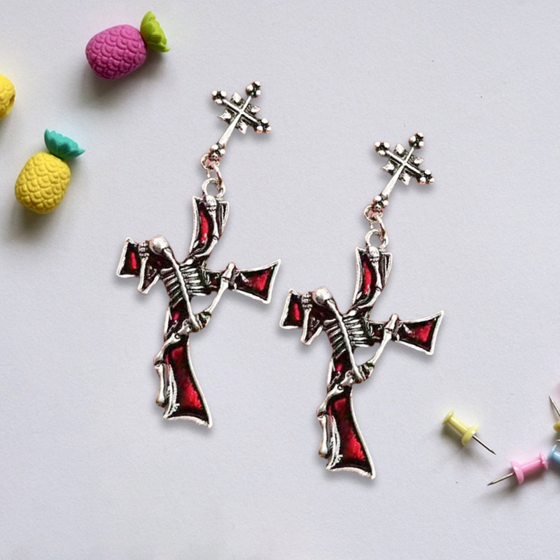 Siy 1 Pasang Anting Tusuk Gantung Bahan Metal Desain Salib Merahberlian Imitasi Gaya Gothicpunk Untuk Wanita