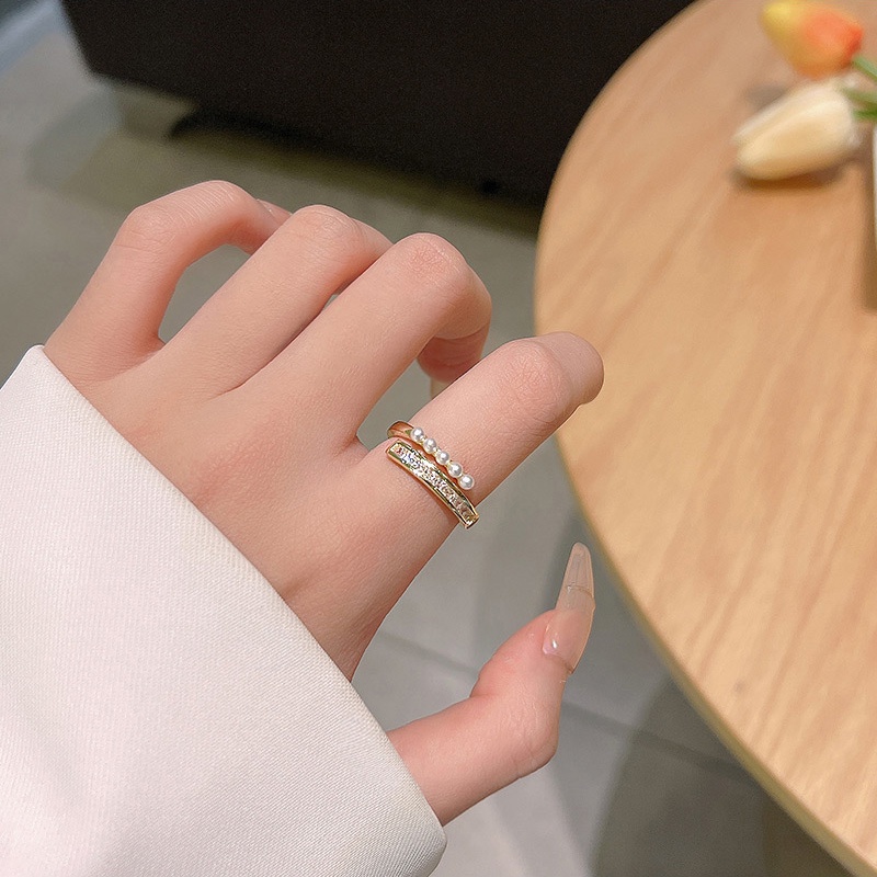 Cincin Jari Telunjuk Lapis Ganda Aksen Mutiara Zirkon Untuk Wanita