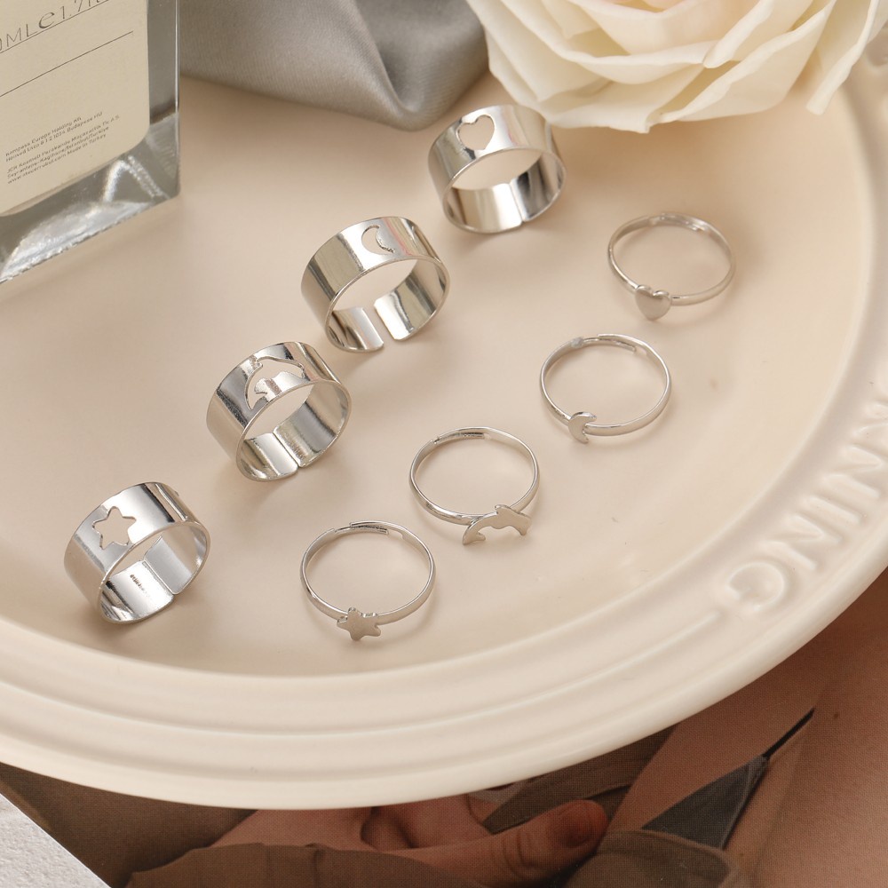 AY(CN) Set Cincin Desain Bunga Butterfly Bulan Bintang Warna Silver Gold Untuk Wanita