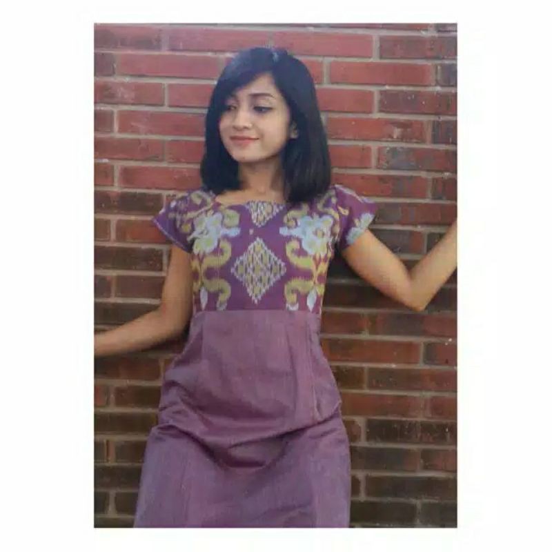 Dress Etnik Tenun Ikat Endek kombinasi Tenun Polos