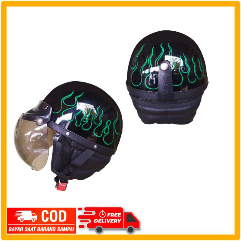 Helm Chips Bogo JPN Dewasa Motif Flame  Model Resleting Free Kaca Bubble/Pet
