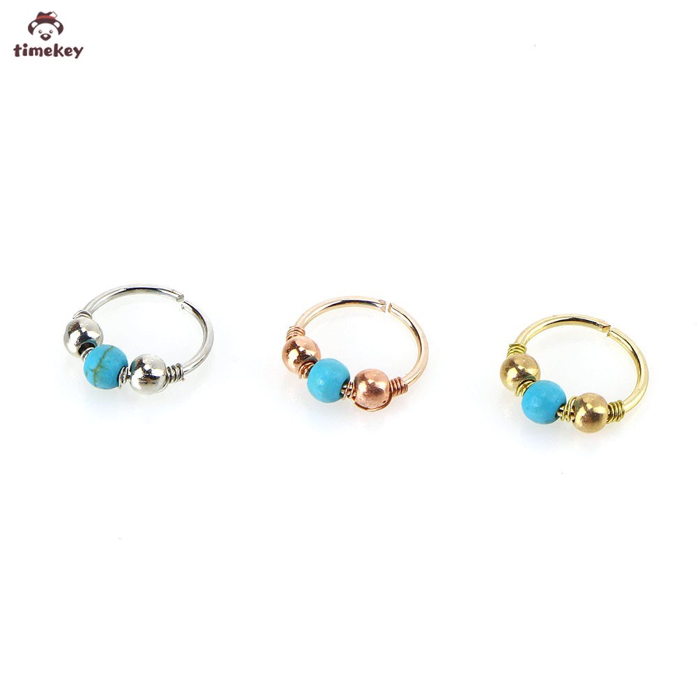 【TK】Blue Turquoise Round Beads Nose Ring Stud Earring Nostril Hoop Women Jewelry