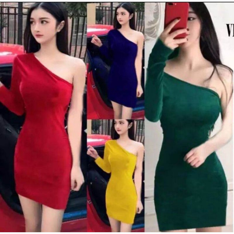 Mini Dress 731 Sexy Lengan Buntung Sebelah Bahan Bludru/Mini Dress One Shoulder/Mini Dress