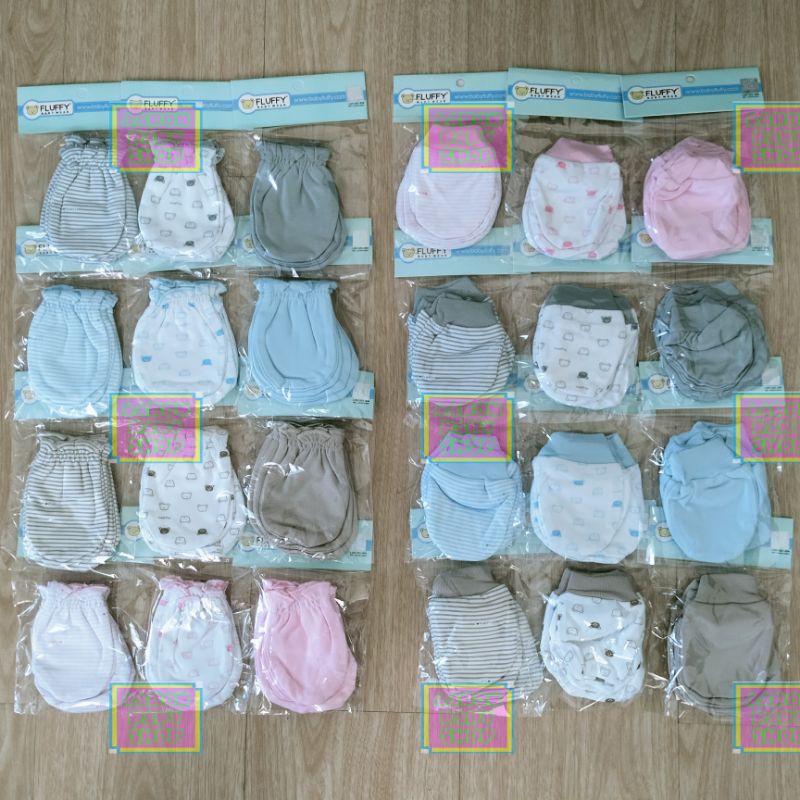 Sarung Tangan&amp;Kaki FLUFFY (Isi 3) Karet / Rib Seri Abu Grey / Coklat Khaki Newborn (STKR) (STK) SNI