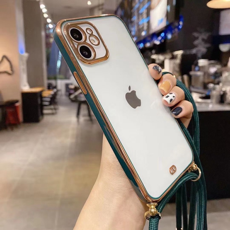 【Lanyard case iphone】TPU two-color casing iphone for iphone 12 pro max 12mini 11pro max electroplating anti-drop all-inclusive soft case iphone