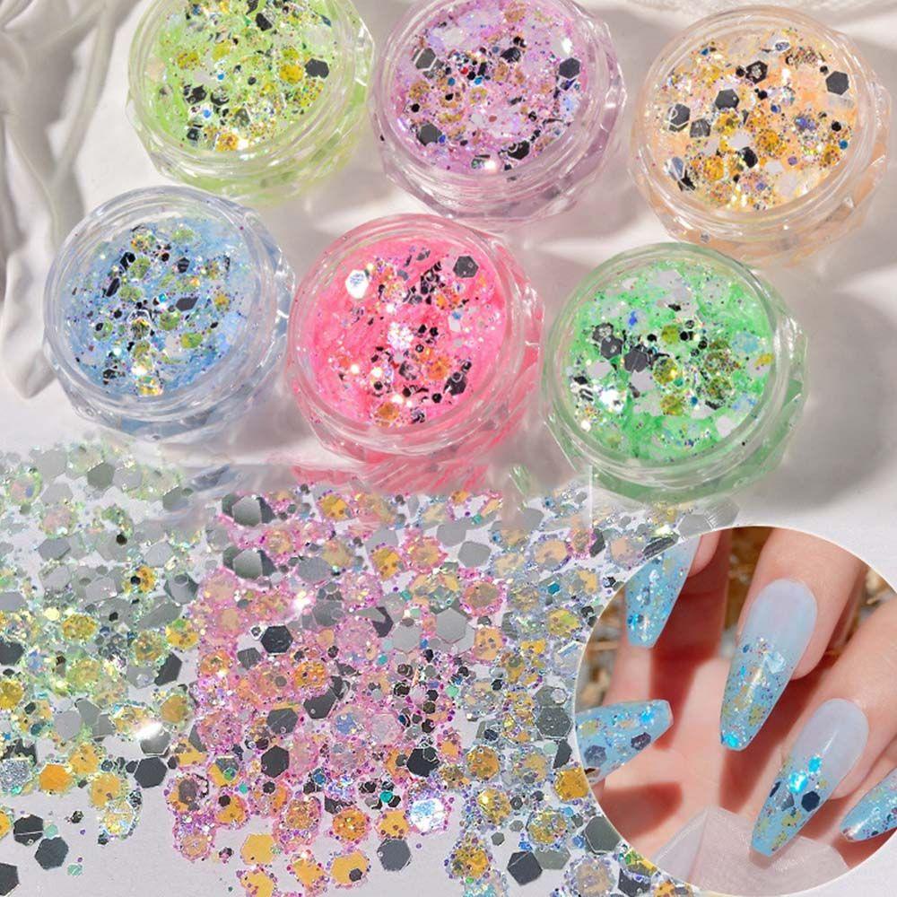 Mxbeauty Hologram Kuku Decals Wanita Sparkly Manicure Nail Art Dekorasi Musim Panas Hexagon Nail Paillette