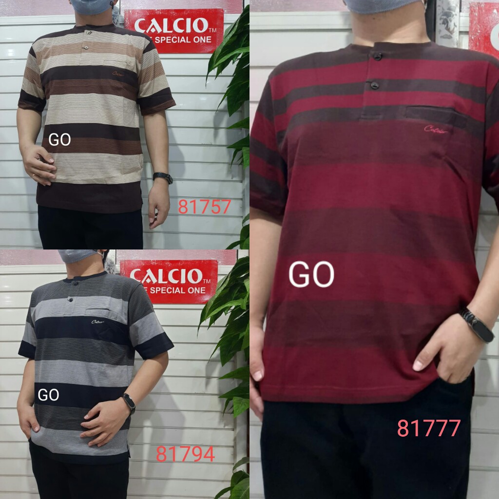 gof L CALCIO OBLONG KANCING Kaos Pria Laki-Laki Oblong Garis-Garis Lengan Pendek Saku Salur