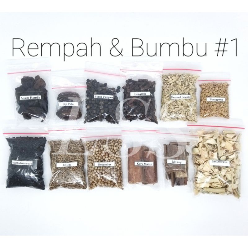 

Rempah & Bumbu #1 - Asam Kandis / Fenugreek / Mesoyi / Jinten / Fennel Seeds / Black Pepper / Pala