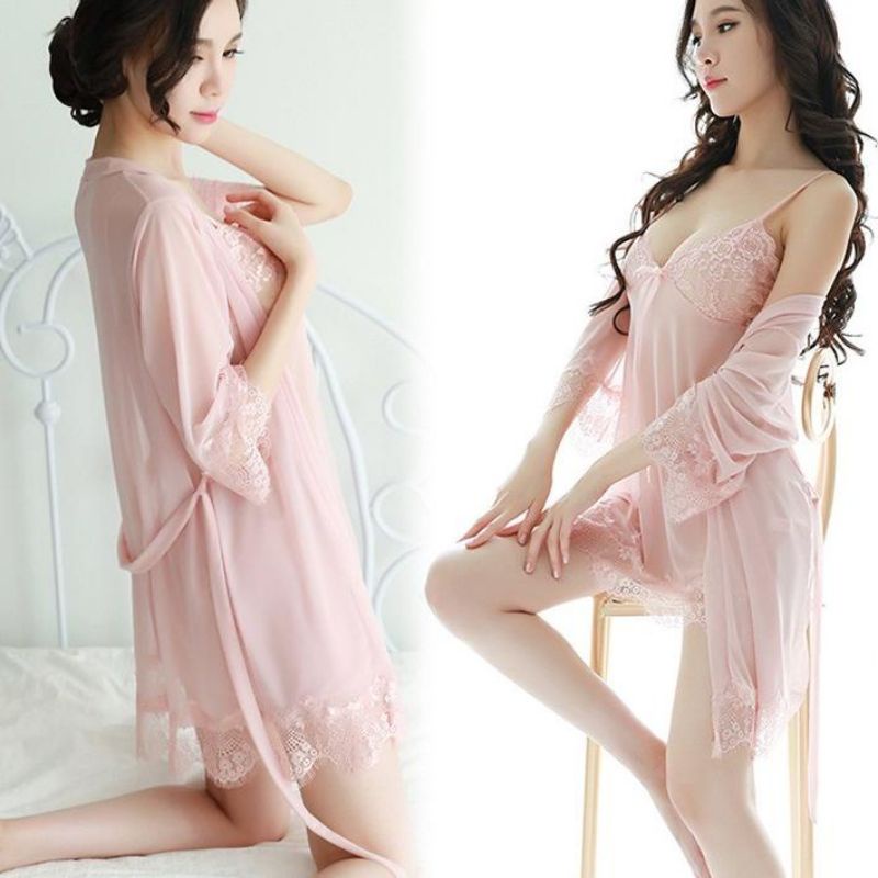 《Phiphii》Lingerie Dress + Kimono Sexy Renda 5 Warna