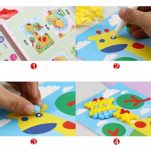 Mainan Edukasi DIY PomPom - Prakarya anak mosaik pom pom