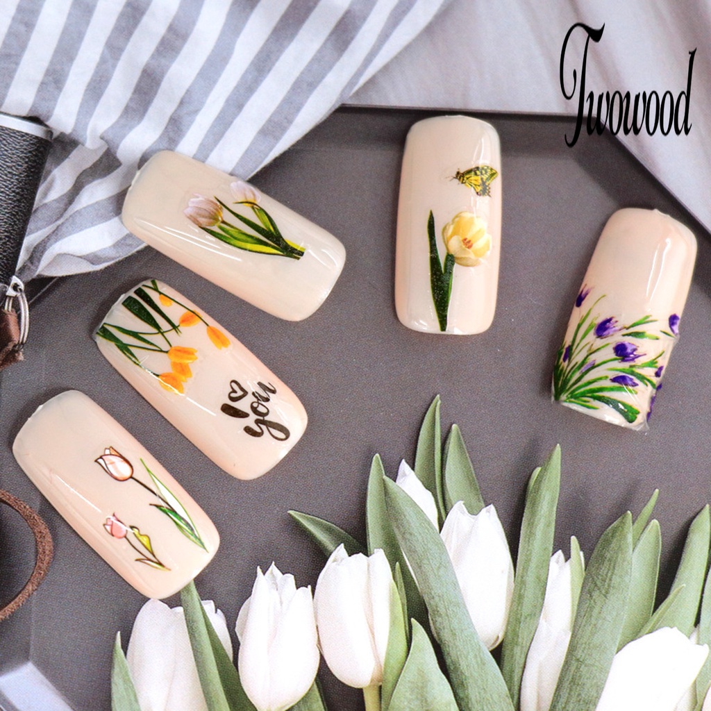 Twowood 1 Set Stiker Kuku Motif Bunga Tulip Bahan Resin Anti Air Untuk Nail Art DIY