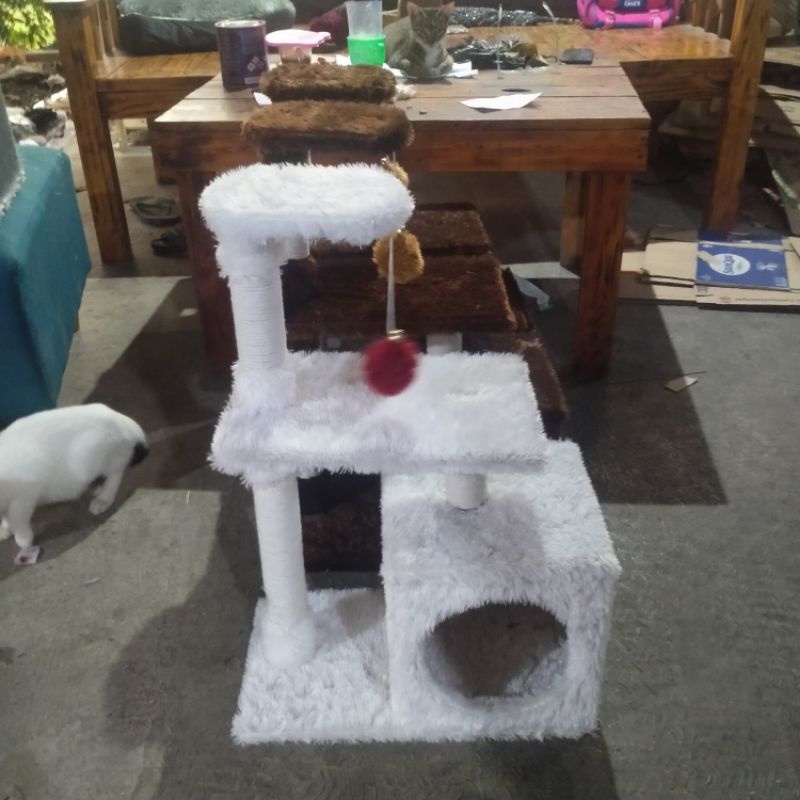 Cat tree house rumah tempat bermain kucing 2 tingkat murah bulur rasfur lembut dan nyaman-abu