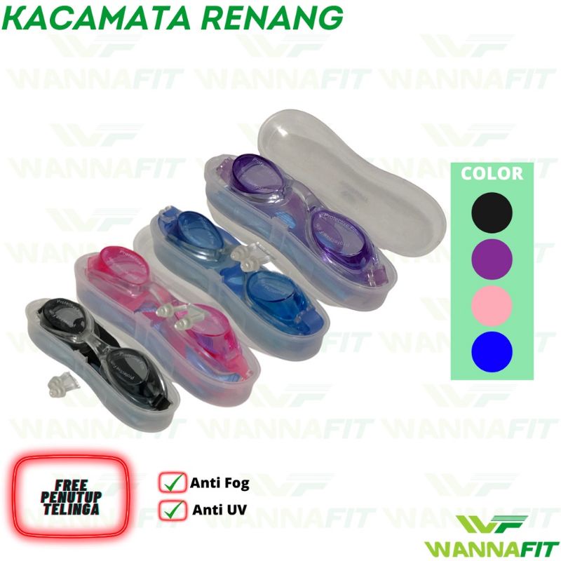 Kacamata Renang Wannafit Anti Fog Uv Free box Kacamata+Penutup telinga