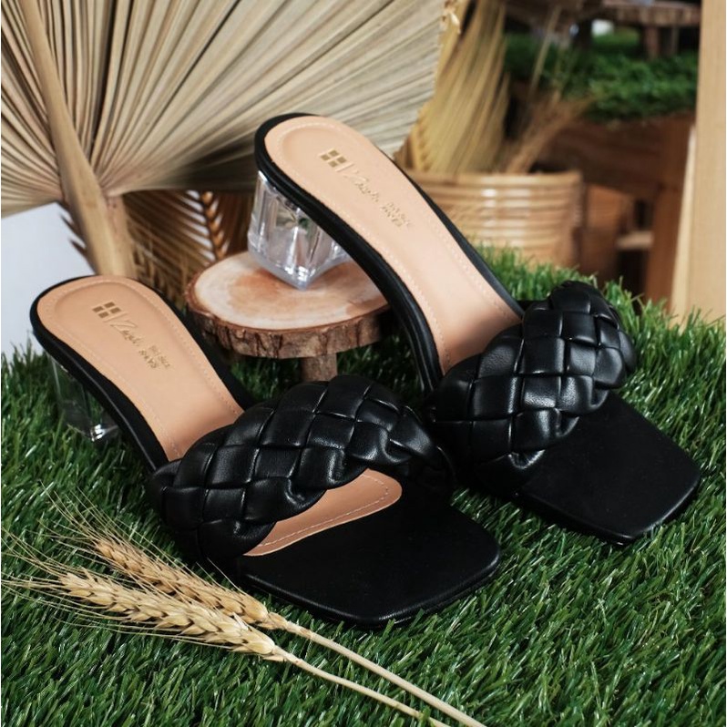 Original,Higheels Wanita ukuran Besar 41~45 Jumbo/Sandal Pesta/Sendal Slop kepang Santai &amp; Keundangan Big Size Hak Kaca 5cm Cantik