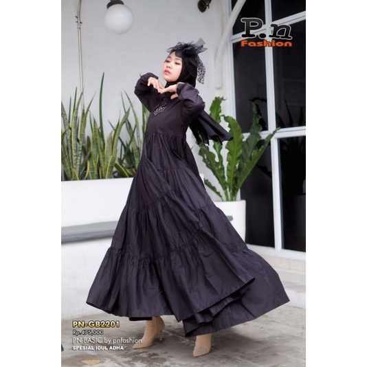P.N Fashion PN-GB2201 Broken White / Gamis Terbaru Masa Kini / Gamis Hitam Putih Original